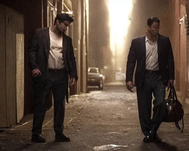 Image similar to in this scene from david chase's hbo miniseries the outfit, a supernatural mafia crime thriller about magical monster - hunting mafiosi in 9 0 s philadelphia, the main character ( joe manganiello ) is confronted in a dark alley by a werewolf. realistic hd 8 k film photography, modern horror cgi vfx.