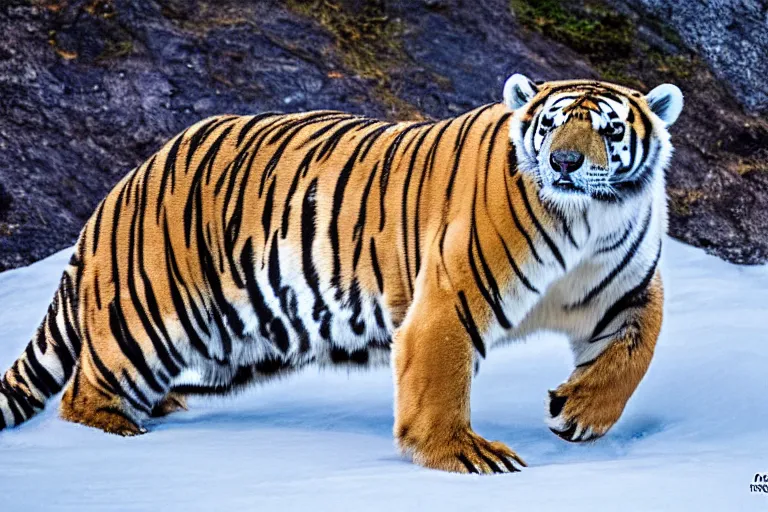 Image similar to a tiger polar bear!!! hybrid! hyper realistic!! realistic lighting!! wildlife photographer of the year!!! bold natural colors, national geographic, hd, wide angle, 8 k