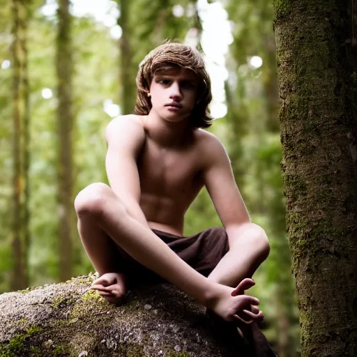 Image similar to a teenage boy, around 1 9 yo. iron necklace. natural brown hair. loincloth, pale skin. detailed face. sitting on a rock. ominous and eerie looking forest in background. natural colors. hyperrealistic photo.