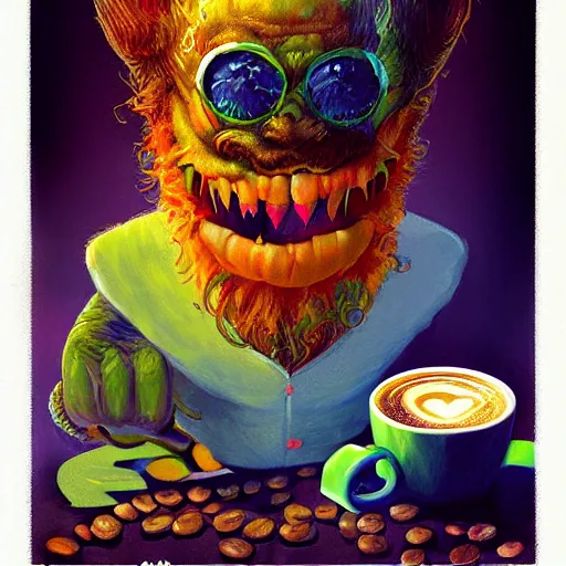 Image similar to a breakfast monsters ,coffee, colorful, digital art, fantasy, magic, trending on artstation, ultra detailed, professional illustration by Basil Gogos