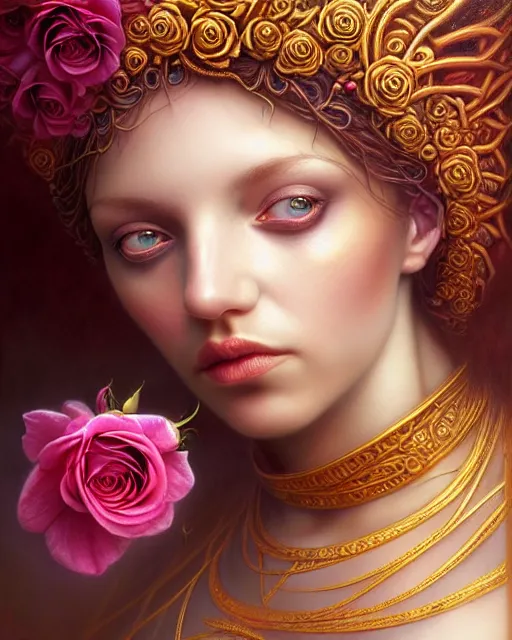 Image similar to portrait of a beautiful rose goddess, unusual beauty, esoteric, outher worldly colours, head in focus, fantasy art, ornamental rose aesthetics,, intricate, elegant, highly detailed hyperrealistic painting, artstation, concept art, painterly, golden ratio, sharp focus, illustration, art by tomasz alen kopera