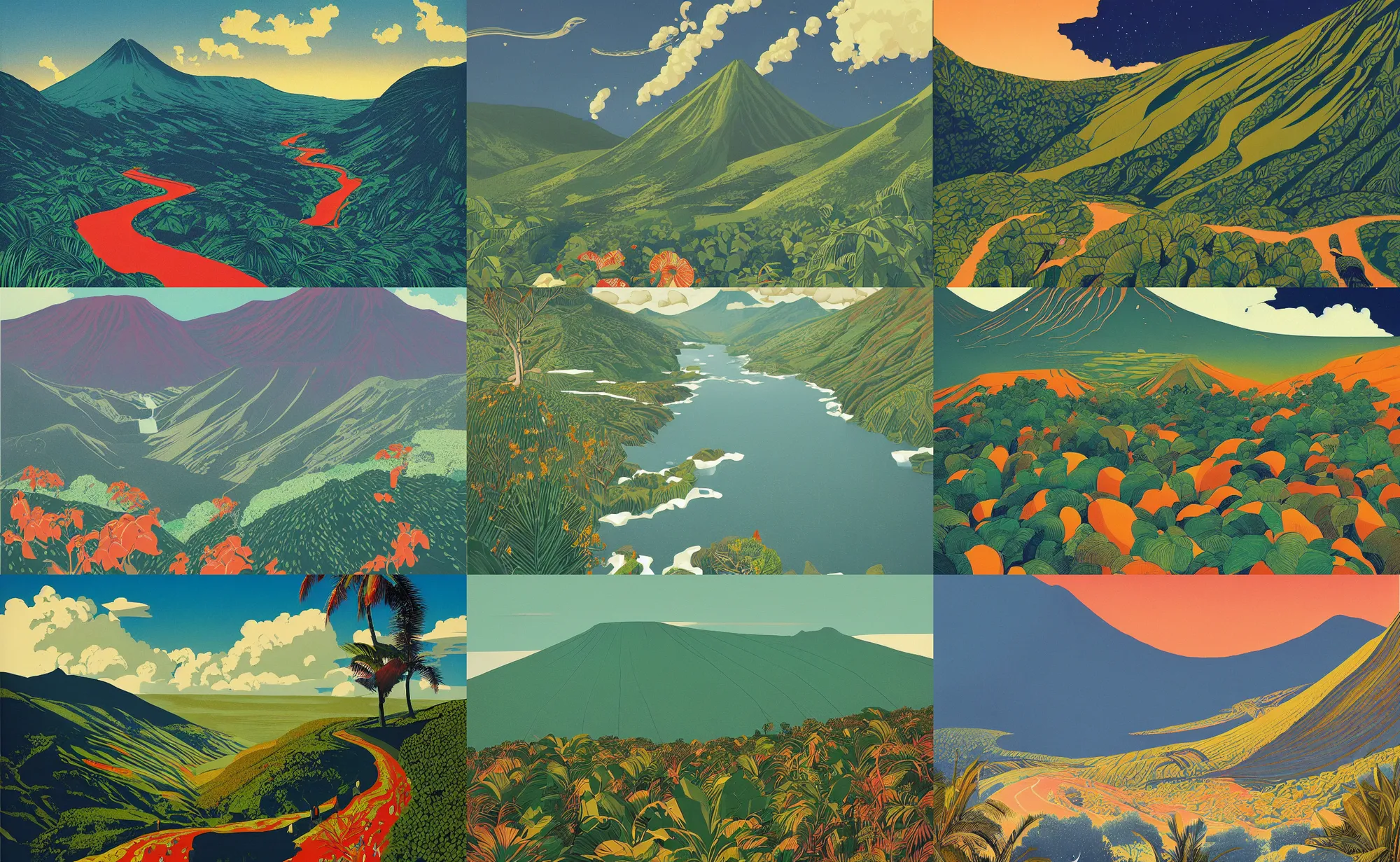 Prompt: a beautiful landscape of reunion island painting ( ( by victo ngai ) ), by kenton nelson, trending on artstation