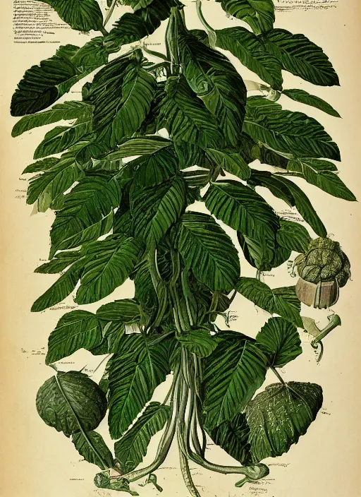 Image similar to fantasy scientific botanical illustration of a large, tall, green plant that walks around with thin human legs