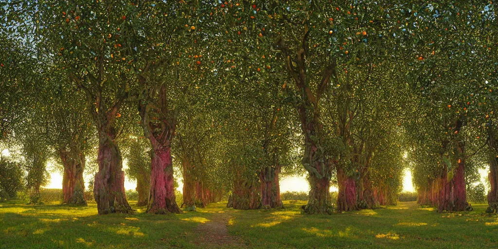 Prompt: ornate art of an inexplicably magical grove of supernaturally tall apple trees that stretch and twine upwards forming a vast colonnade of trunks that stretch out in thin rows far into the distance, rolling hillocks of lush green grass, transluscent leaves cresting canopy set alight with a fragile late-afternoon sunlight that refracts off a sea of apples brushed pink and red with exposure by Darek Zabrocki, Marcin Rubinkowski, Lorenzo Lanfranconi, Oleg Zherebin, Karlkka, trending on Artstation deviantart