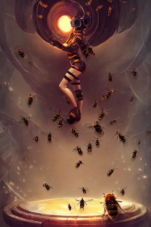 Prompt: fantasy beekeeper, stunning woman, wearing nanotech honeycomb robe, silky, surrounded by bees, futuristic, sci-fi, cinematic, greg rutkowski, peter mohrbacher