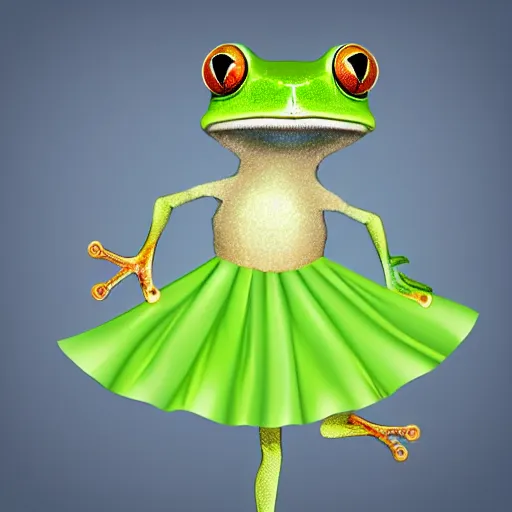 Prompt: fashion show with a super cute sad green tree frog dressed in a green skirt, photo realistic, matte image