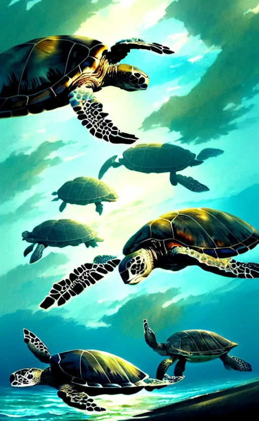 Prompt: sea turtles swimming in the ocean, by greg rutkowski