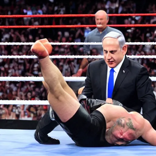 Image similar to benjamin netanyahu in a wwe arena wrestling the undertaker, highly detailed, sharp focus