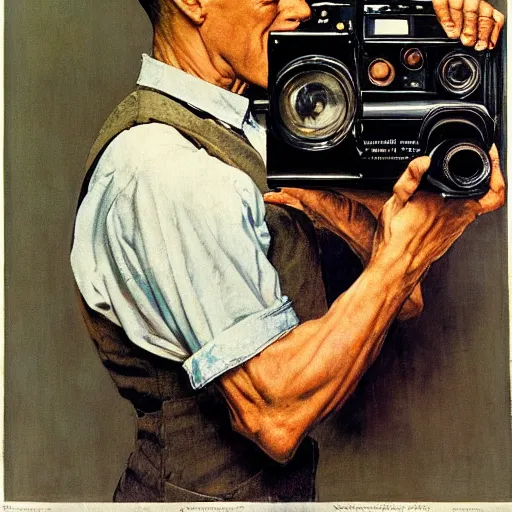 Image similar to norman rockwell painting of a man holding a large television - video - camera