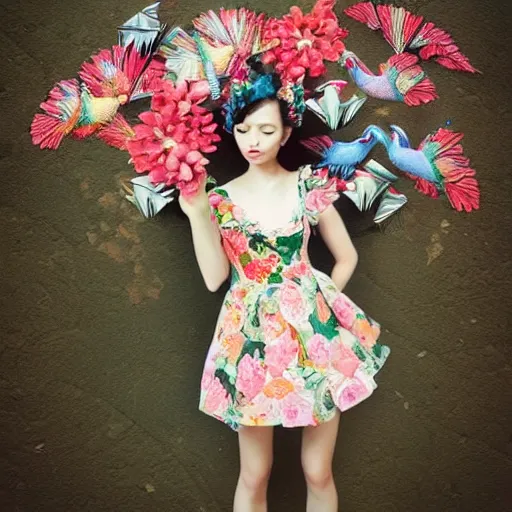 Prompt: a beautiful girl wearing an origami dress eye - level medium shot, fine floral ornaments in cloth and hair, hummingbirds, elegant, by eiko