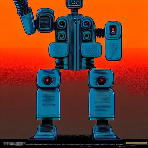 Image similar to a full body character design angus mckie tim doyle, laurie greasley. fiery flaming grungy industrial faceless humanoid anatomical mech robot heroic!! fire!! bold outline sharp edges. ultra clear detailed. 8 k. elegant, neon colors, dynamic angle, intricate complexity, epic composition, symmetry, cinematic lighting masterpiece