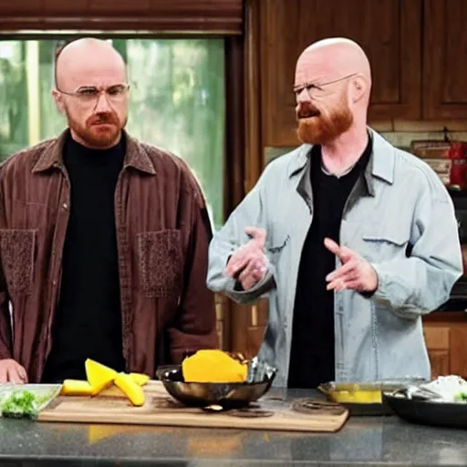 Prompt: Jesse Pinkman and Walter White from breaking bad taking part in a cooking show