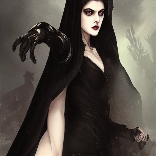 Prompt: Alexandra Daddario, beautiful vampire mistress dressed in a black cloak, by Stanley Artgerm Lau