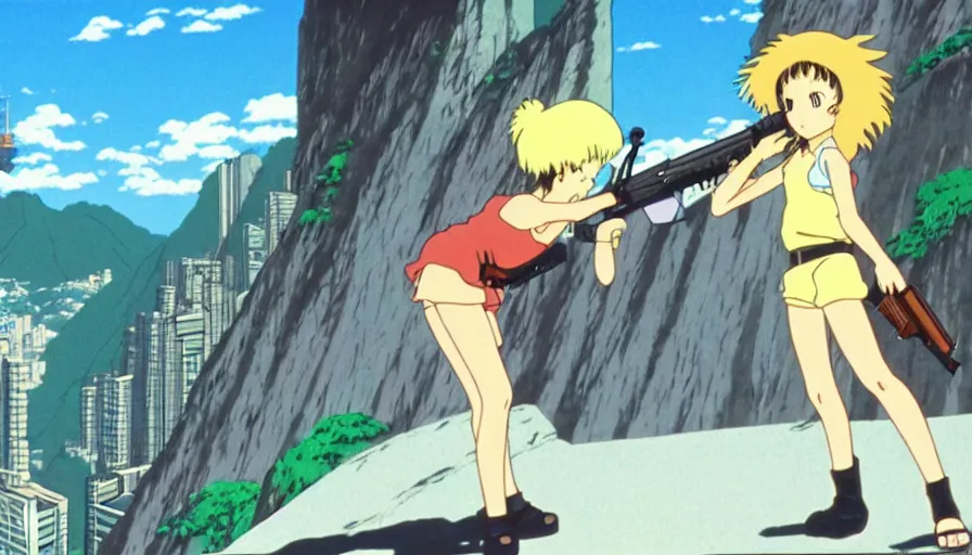 Image similar to 1 9 8 6 anime screencap of a girl with a gun on a rio de janeiro anime, by hayao miyazaki, studio ghibli, rio background extremely high quality artwork