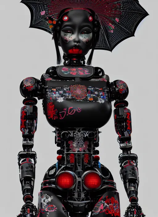 Image similar to full body portrait of a gothic style japanese robot geisha with kanji tattoos and decals wearing a digital pixelated kimono, intricate design, photo - realistic, octane render, dark colour palette, ultra fine detailed, character design, trending on artstation