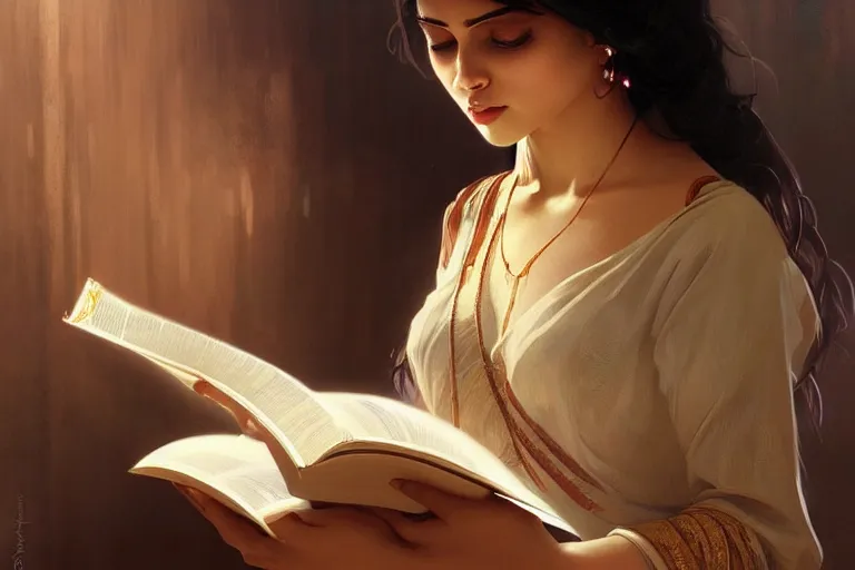 Image similar to sensual good looking pale young bengali girl with soulful eyes reading a novel, portrait, elegant, intricate, digital painting, artstation, concept art, smooth, sharp focus, illustration, art by artgerm and greg rutkowski and alphonse mucha