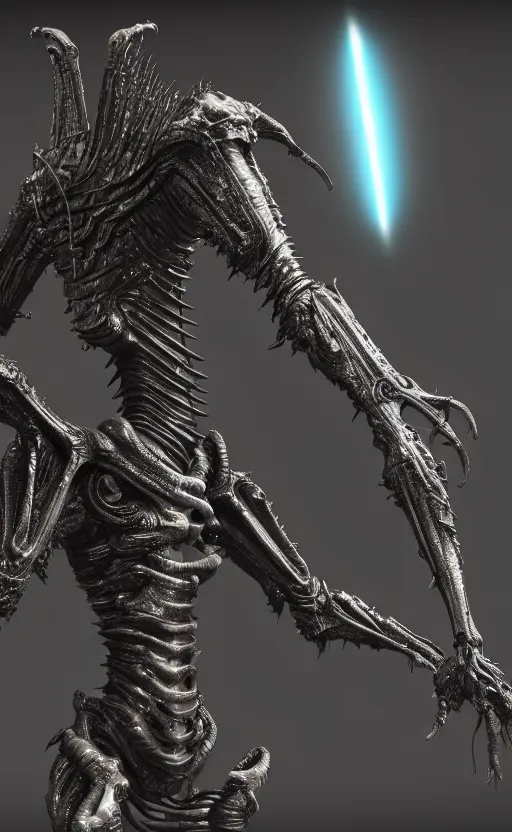 Prompt: futuristic alien with lasers eldenring boss. fromsoftware, dark souls, eldenring, screenshot, extremely detailed, insanely detailed, realistic, zbrush, horror, bloodbourne, full body concept