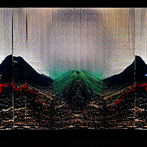 Image similar to a mountain made out of computer screens that display bitcoin logos, cinematic, post apocalyptic landscape, harsh contrast lighting, in the style of photorealism, made by richard estes robert cottingham gerhard richter robert longo ellen altfest