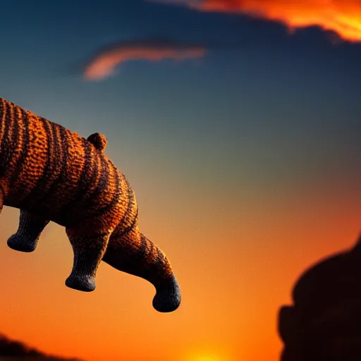 Image similar to a closeup photorealistic photograph of a knitted tiger hippopotamus that is riding a large wave during sunset. surf in the background. professional capture. brightly lit scene. this 4 k hd image is trending on artstation, featured on behance, well - rendered, extra crisp, features intricate detail, epic composition and the style of unreal engine.