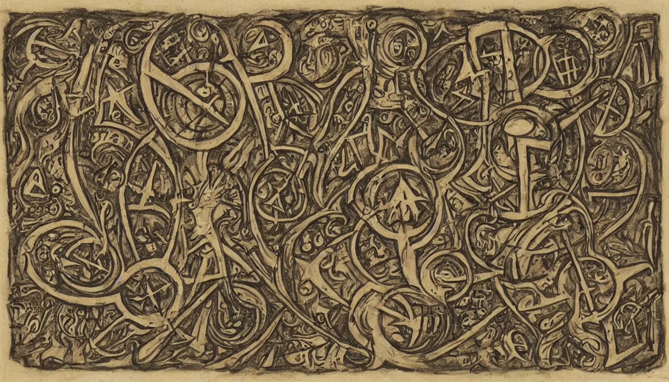 Prompt: disturbing occult manuscript with alien symbols