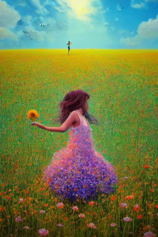 Prompt: closeup, giant flower head, girl in suit jumping in field of flowers, surreal photography, sunrise, blue sky, dramatic light, impressionist painting, digital painting, artstation, simon stalenhag