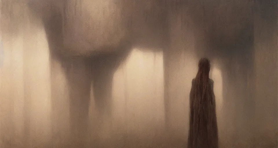 Prompt: she peers into the abyss and sees the abyss looking back at her, dramatic lighting, smooth, sharp details, intricate, sad and powerful painting by beksinski and ruan jia and greg rutkowski