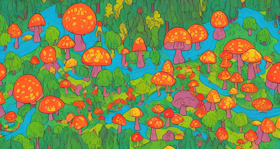 Image similar to A tribal village in a forest of giant mushrooms, by Kurzgesagt,