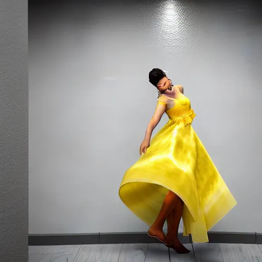 Prompt: a woman in a yellow organza dress dancing, ultra realistic, intricate, elegant, highly detailed, studio photo, smooth, sharp, focus,