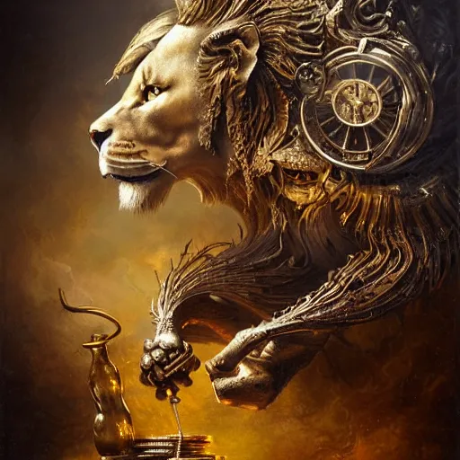 Image similar to a beautiful detailed 3 d matte portrait of a clockwork lion, by ellen jewett, by tomasz alen kopera, by justin gerard, ominous, magical realism, texture, intricate, skull, skeleton, gold coins, money, whirling smoke, alchemist bottles, radiant colors, fantasy, volumetric lighting, high details