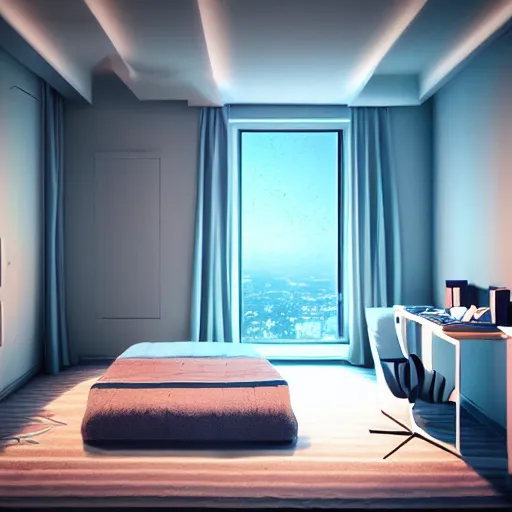 Image similar to bedroom, study room, anime, sci - fi, futuristic, aesthetic, chill, room, octane render, 8 k