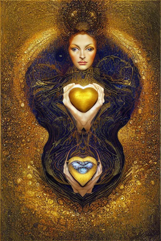 Image similar to The Heart of Gold by Karol Bak, Jean Deville, Gustav Klimt, and Vincent Van Gogh, otherworldly, fractal structures, arcane, prophecy, ornate gilded medieval icon, third eye, spirals