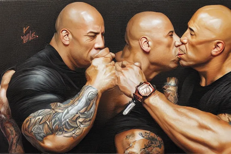 Image similar to portrait of vin diesel and dwayne the rock johnson sharing spaghetti noodle kiss, an oil painting by ross tran and thomas kincade