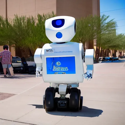 Prompt: LAS VEGAS, NV JUNE 7 2024: One of the most compassionate self-aware robots to emerge from the future-technology-portal.