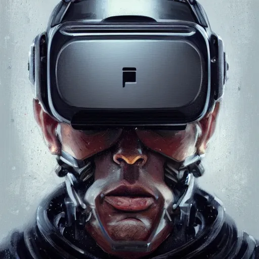 Image similar to Portrait of a man by Greg Rutkowski, symmetrical face, a marine with a helmet, using a VR Headset, Kubric Stare, crooked smile, he's wearing a tacitcal gear, highly detailed portrait, scifi, digital painting, artstation, book cover, cyberpunk, concept art, smooth, sharp foccus ilustration, Artstation HQ