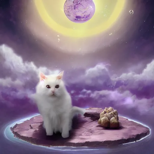 Image similar to concept art, digital art, matte painting, award winning on Artstation. A white cat sitting in a purple garden on an Exoplanet where the sky is full bubbles