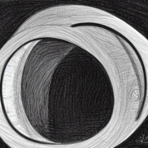 Image similar to black and white sketch of circle shaped sculpture, curves, wood, lights, portal, sketch