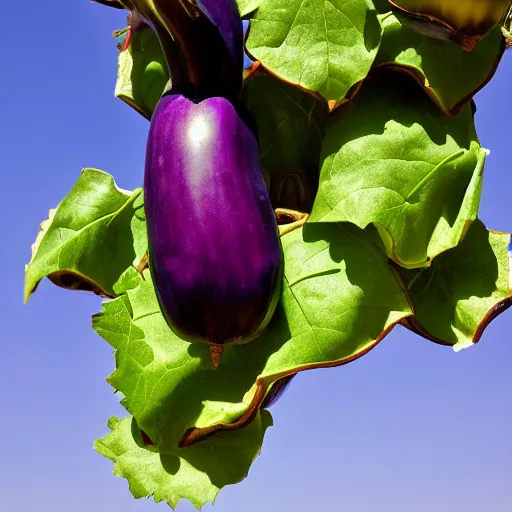 Prompt: an eggplant fruit still on the vine