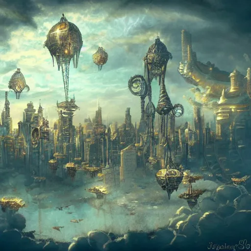 Image similar to flying city in a bronze lotus, sky, steampunk!!!, fantasy art, steampunk, masterpiece, octane