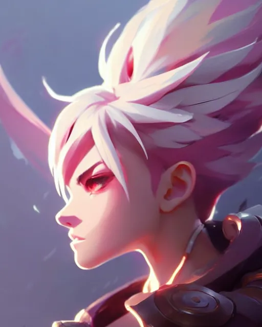 Image similar to vi from league of legends, detailed perfect face, exquisite details, fire magic, mid view, design on a white background, by studio muti, greg rutkowski makoto shinkai takashi takeuch studio ghibli