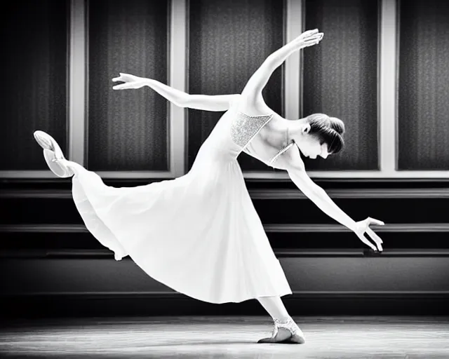 Image similar to waltz dancer bowing in a ballroom, realistic, award winning photograph