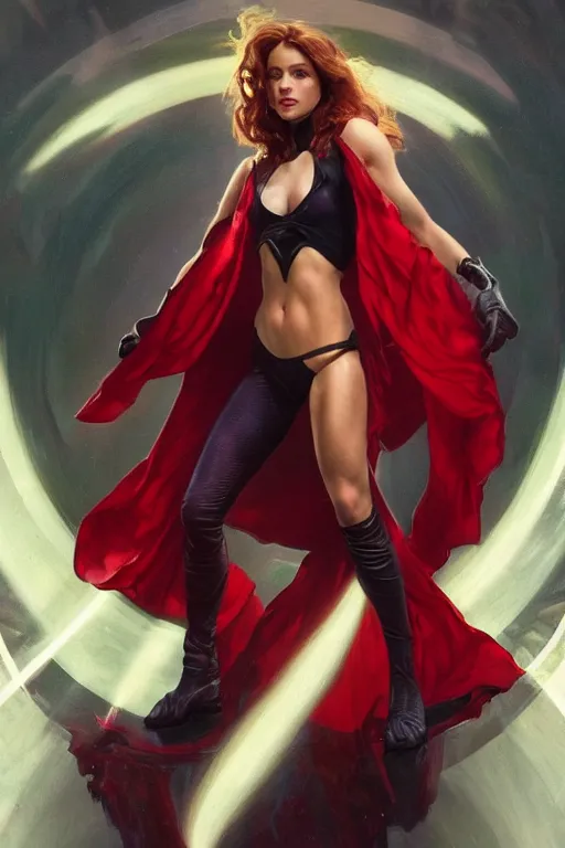 Prompt: marvel superhero, beautiful woman, floating in the air, red tight costume and red long hair, black cloak, power field around her, detailed portrait, dark background texture, alphonse mucha, greg rutkowski, trending on artstation, artgerm, breathtaking, sharp focus, smooth, mark arian, award winning, highly detailed 8 k art