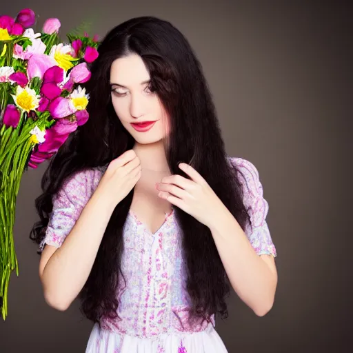 Image similar to beautiful Dressmaker with long dark hair working full of magic, flowers, 4k, colors, portrait