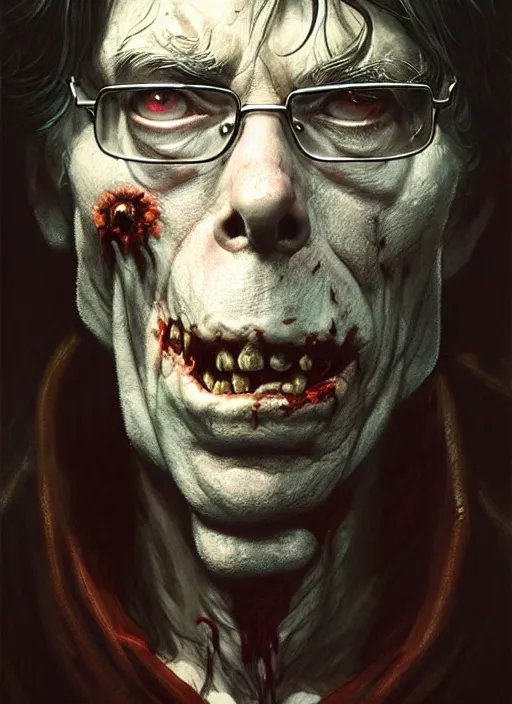 Image similar to stephen king as a zombie, deep focus, d & d, fantasy, intricate, elegant, highly detailed, digital painting, artstation, concept art, matte, sharp focus, illustration, hearthstone, art by artgerm and greg rutkowski and alphonse mucha