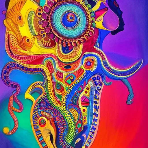 Image similar to beautifully weird cool dynamic variety striking wonderfully beautiful majestic harmony very colourful ornate indian abstract biomorphic surreal art