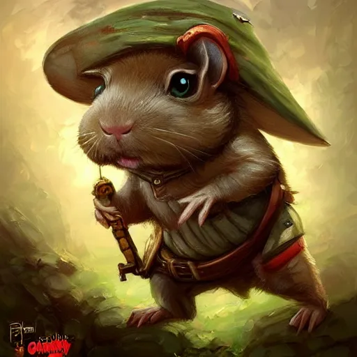 Image similar to cute little anthropomorphic Guinea Pig Soldier, ultra wide lens shot , tiny, small, Jungle camouflage, short, cute and adorable, pretty, beautiful, DnD character art portrait, matte fantasy painting, DeviantArt Artstation, by Jason Felix by Steve Argyle by Tyler Jacobson by Peter Mohrbacher, cinematic lighting