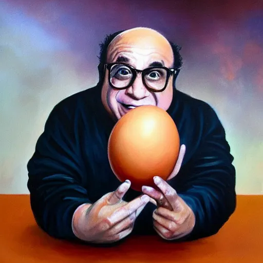 Image similar to a painting of danny devito holding an egg