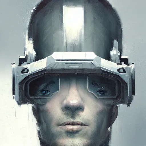 Image similar to Portrait of a man by Greg Rutkowski, symmetrical face, an young man with a VR Heaset covering his eyes, Kubric Stare, cold, twisted and sinister smile, highly detailed portrait, scifi, digital painting, artstation, book cover, cyberpunk, concept art, smooth, sharp foccus ilustration, Artstation HQ