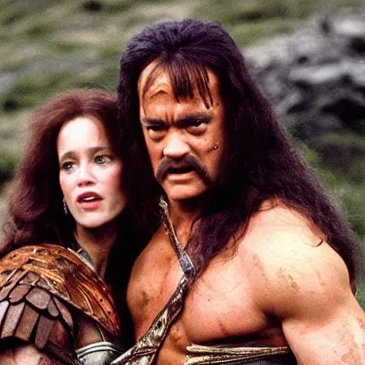 Image similar to tom hanks as conan the barbarian with a women in his arms