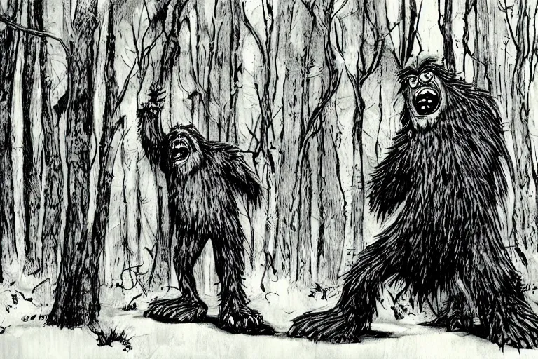 Image similar to mad bigfoot screaming in the woods artwork by ben templesmith