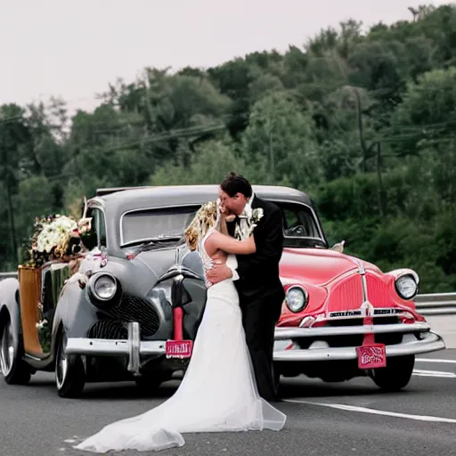 Prompt: a bride and groom pose together on a busy highway with cars all around them, wedding photo